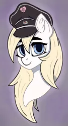 Size: 1234x2292 | Tagged: safe, artist:ingolf arts, derpibooru import, oc, oc:aryanne, pony, blonde, blonde hair, female, hair, hat, high res, image, looking at you, mare, nazi, png, reichsalicorn, schutzstaffel, simple background, solo, swastika