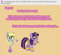 Size: 504x455 | Tagged: safe, artist:verve, derpibooru import, derpy hooves, twilight sparkle, twilight sparkle (alicorn), alicorn, genie, genie pony, pegasus, pony, ask genie twilight, ask, bottle, comic, female, geniefied, grin, image, looking at you, mare, pixel art, png, raised hoof, smiling