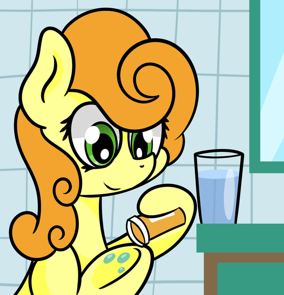 Size: 1424x1480 | Tagged: safe, artist:dinkyuniverse, derpibooru import, carrot top, golden harvest, pony, atg 2021, glass, image, newbie artist training grounds, pill, png, solo, water