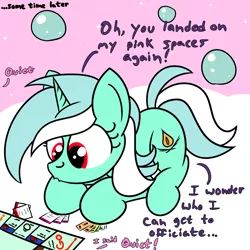 Size: 2000x2000 | Tagged: safe, artist:dafiltafish, derpibooru import, lyra heartstrings, oc, oc:hedone, pony, unicorn, comic:day by day, dialogue, game, image, implied bon bon, monopoly, png, shapeshifter, solo