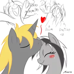 Size: 800x800 | Tagged: safe, artist:srmario, derpibooru import, oc, oc:doctiry, oc:doom, unofficial characters only, pony, unicorn, blushing, broken horn, eyelashes, female, freckles, horn, image, kissing, male, mare, oc x oc, partial color, png, shipping, stallion, unicorn oc