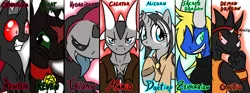 Size: 1180x440 | Tagged: safe, artist:srmario, derpibooru import, oc, oc:doctiry, oc:reinflak, unofficial characters only, alicorn, anthro, changeling, dragon, pony, alicorn oc, anthro with ponies, broken horn, bust, changeling oc, dragon oc, female, furry, grin, horn, image, male, mare, png, red eyes, smiling, wings