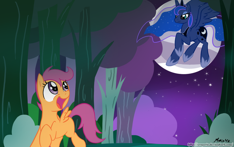 Size: 1480x928 | Tagged: safe, artist:srmario, derpibooru import, princess luna, scootaloo, alicorn, pegasus, pony, duo, ethereal mane, female, flying, full moon, hoof shoes, horn, image, jewelry, looking back, mare, moon, night, outdoors, peytral, png, raised hoof, smiling, starry mane, stars, tiara, tree, wings