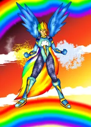 Size: 1000x1400 | Tagged: safe, artist:foxgearstudios, derpibooru import, rainbow dash, human, boots, clothes, cutie mark, cutie mark on clothes, female, glowing hands, humanized, image, jpeg, rainbow, shoes, solo, winged humanization, wings