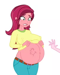 Size: 2053x2539 | Tagged: suggestive, alternate version, artist:0024387, derpibooru import, gloriosa daisy, equestria girls, background removed, belly, big belly, big breasts, breasts, erect nipples, forest, forest background, image, implied pinkie pie, jpeg, nipple outline, offscreen character, pregnant, pregnant equestria girls, simple background, solo focus, tree, white background