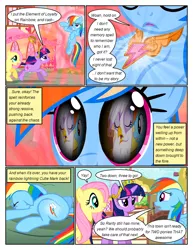 Size: 612x792 | Tagged: safe, derpibooru import, edit, edited screencap, screencap, fluttershy, gilda, rainbow dash, twilight sparkle, gryphon, pegasus, pony, unicorn, comic:friendship is dragons, magical mystery cure, a true true friend, building, comic, dialogue, element of kindness, element of loyalty, eye reflection, eyelashes, female, floppy ears, flying, glowing cutie mark, glowing horn, horn, image, magic, magic aura, mare, outdoors, png, reflection, screencap comic, trio, trio female, unicorn twilight, wings