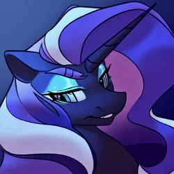 Size: 1536x1536 | Tagged: safe, artist:dodsie, derpibooru import, nightmare rarity, pony, unicorn, abstract background, derpibooru exclusive, fangs, female, image, jpeg, makeup, mare, smiling, solo