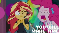 Size: 1280x720 | Tagged: safe, derpibooru import, edit, edited screencap, editor:quoterific, screencap, pinkie pie, sunset shimmer, all the world's off stage, equestria girls, equestria girls series, all the world's off stage: pinkie pie, clothes, cutie mark, cutie mark on clothes, eyes closed, female, geode of sugar bombs, image, jewelry, jpeg, magical geodes, necklace, one eye closed, open mouth, tanktop