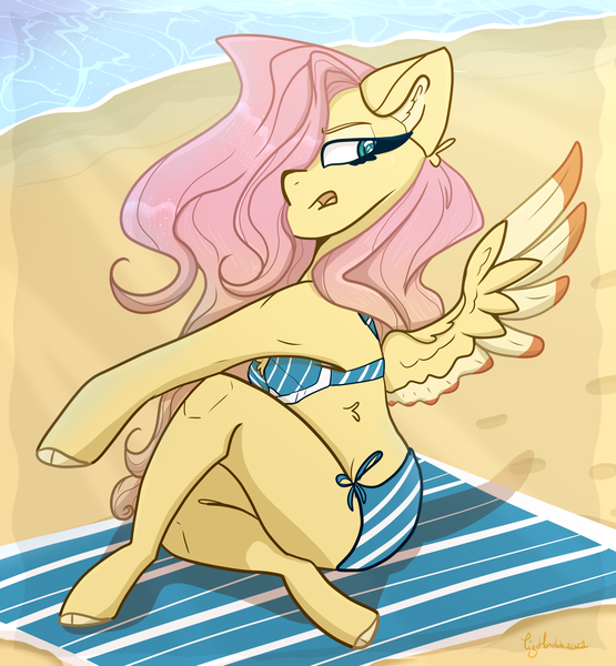 Size: 3790x4095 | Tagged: safe, artist:tizhonolulu, derpibooru import, fluttershy, anthro, pegasus, unguligrade anthro, arm hooves, beach, beach towel, bikini, chest fluff, clothes, ear fluff, hair over one eye, image, ocean, open mouth, png, sand, solo, swimsuit, towel