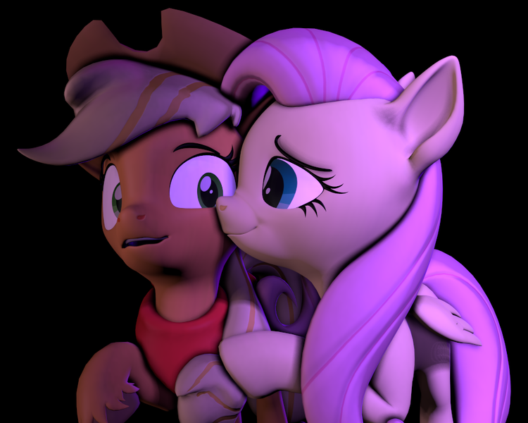 Size: 900x720 | Tagged: safe, artist:tizhonolulu, derpibooru import, applejack, fluttershy, earth pony, pegasus, pony, 3d, appleshy, female, image, kissu, kissy face, lesbian, png, shipping, source filmmaker, unshorn fetlocks