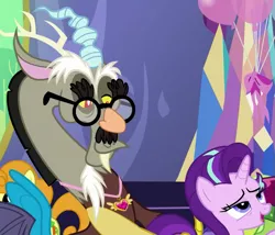 Size: 553x474 | Tagged: safe, derpibooru import, screencap, discord, starlight glimmer, thorax, changedling, changeling, pony, unicorn, celestial advice, ballon, glasses, heart, image, king thorax, offscreen character, out of context, png