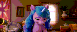 Size: 2048x858 | Tagged: safe, derpibooru import, screencap, izzy moonbow, pony, unicorn, my little pony: a new generation, spoiler:g5, spoiler:my little pony: a new generation, animated, curtains, cute, female, g5, gif, image, izzybetes, mare, open mouth, potted plant, solo, ta-da!, twilight sparkle's cutie mark, volumetric mouth, window