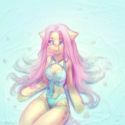 Size: 3000x3000 | Tagged: safe, artist:zefirka, derpibooru import, fluttershy, anthro, pegasus, arm hooves, belly button, boob window, breasts, busty fluttershy, cleavage, clothes, image, one-piece swimsuit, png, swimsuit, water