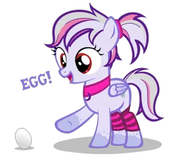 Size: 3220x3040 | Tagged: safe, artist:strategypony, derpibooru import, oc, oc:windbreaker, unofficial characters only, pegasus, pony, asdfmovie, asdfmovie14, clothes, dialogue, egg, female, filly, image, pegasus oc, png, pointing, ponytail, simple background, socks, striped socks, transparent background, wings