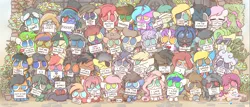Size: 9633x4134 | Tagged: safe, artist:sugar morning, derpibooru import, oc, oc:bizarre song, oc:smoothie, oc:sugar morning, cat, changeling, draconequus, dracony, dragon, earth pony, hybrid, pegasus, pony, unicorn, chibi, commission, flower, group photo, group picture, high res, image, plants, png, text