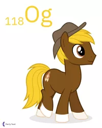 Size: 4000x5000 | Tagged: safe, artist:parclytaxel, derpibooru import, oc, oc:acres, unofficial characters only, earth pony, pony, .svg available, absurd resolution, chemistry, coat markings, commission, hat, image, male, oganesson, periodic table, png, simple background, smiling, socks (coat marking), solo, stallion, vector, white background