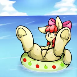 Size: 1543x1543 | Tagged: safe, artist:kyouman1010, derpibooru import, apple bloom, earth pony, pony, female, filly, floaty, frog (hoof), image, jpeg, solo, underhoof, water