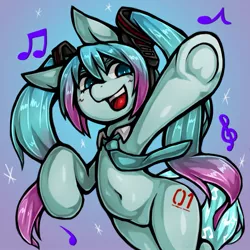 Size: 1543x1543 | Tagged: safe, artist:kyouman1010, derpibooru import, earth pony, pony, anime, belly button, colored, cute, cutie mark, frog (hoof), hatsune miku, headphones, image, jpeg, music notes, necktie, open mouth, pigtails, solo, twintails, underhoof, vocaloid