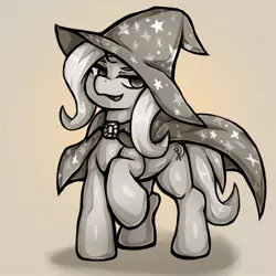 Size: 1543x1543 | Tagged: safe, artist:kyouman1010, derpibooru import, trixie, pony, unicorn, cape, clothes, cute, cutie mark, diatrixes, hat, horn, image, jpeg, monochrome, solo, standing, tail, trixie's cape, trixie's hat