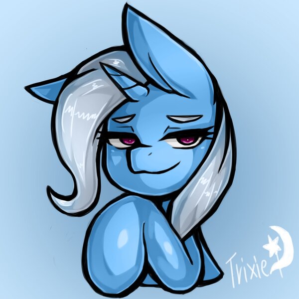 Size: 1543x1543 | Tagged: safe, artist:kyouman1010, derpibooru import, trixie, pony, unicorn, abstract background, bust, colored, cute, diatrixes, eyelashes, horn, image, jpeg, signature, smug, solo