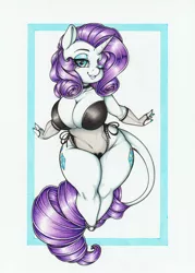 Size: 2478x3467 | Tagged: suggestive, artist:longinius, derpibooru import, rarity, anthro, unicorn, belly button, big breasts, breasts, busty rarity, chibi, choker, cleavage, clothes, female, fingerless gloves, gloves, image, leonine tail, lingerie, lipstick, looking at you, makeup, one eye closed, png, shortstack, solo, solo female, traditional art, wide hips, wink