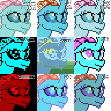 Size: 384x384 | Tagged: safe, artist:derek the metagamer, derpibooru import, ocellus, changedling, changeling, aseprite, atari 2600, cga, commodore 64, image, msx, nintendo entertainment system, palette swap, pixel art, png, recolor, solo, virtual boy, zx spectrum