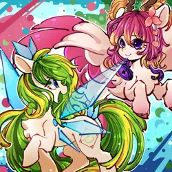 Size: 2048x2048 | Tagged: safe, artist:左左, derpibooru import, oc, oc:tea fairy, oc:鹃煦, earth pony, kirin, pegasus, pony, earbuds, female, group photo, guangzhou, image, kirinified, looking at each other, mare, mascot, open mouth, pegasus oc, png, shenzhen, smiling, smiling at each other, species swap, wings