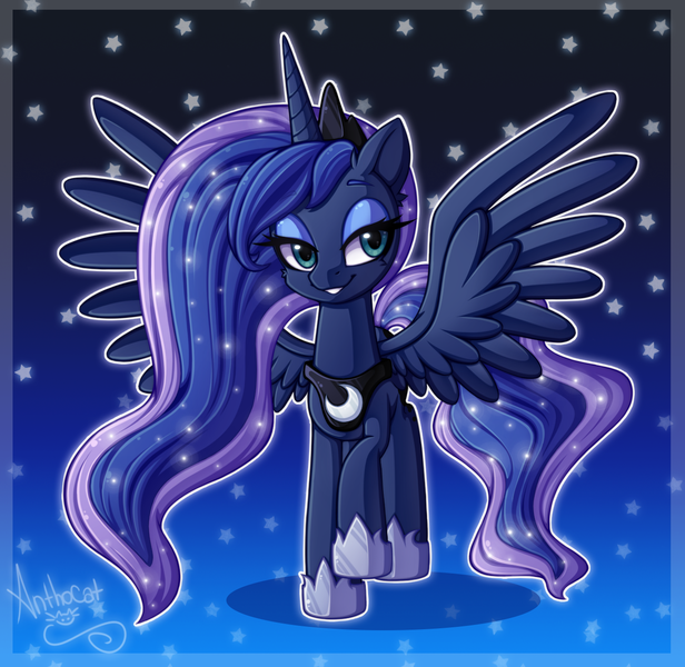 Size: 1347x1311 | Tagged: safe, artist:anthocat, derpibooru import, princess luna, alicorn, pony, crown, female, image, jewelry, lidded eyes, mare, png, regalia, smiling, smug, smugluna, solo, spread wings, wings