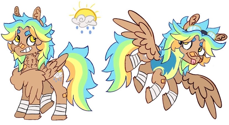 Size: 828x452 | Tagged: safe, artist:grumppanda, derpibooru import, oc, oc:golden daze, unofficial characters only, pegasus, pony, bandage, bandaid, bandaid on nose, clothes, cutie mark, female, floppy ears, flying, goggles on head, grin, image, leg wraps, mare, neck fluff, png, raised leg, smiling, solo, spread wings, tongue out, uniform, wings, wonderbolts uniform