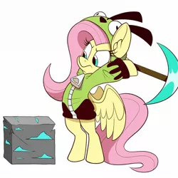 Size: 1200x1200 | Tagged: safe, artist:wutanimations, derpibooru import, fluttershy, pegasus, pony, animated at source, antonymph, bipedal, clothes, crack, diamond ore, diamond pickaxe, fluttgirshy, gir, hoodie, image, invader zim, jpeg, minecraft, mining, pickaxe, simple background, solo, spread wings, upload fail, vylet pony, white background, wings, zipper