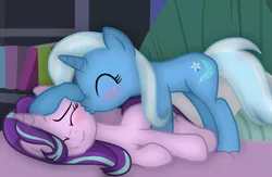 Size: 2945x1920 | Tagged: safe, artist:grapefruit-face, derpibooru import, starlight glimmer, trixie, base used, bedroom, blushing, bookshelf, cute, diatrixes, duo, eyes closed, female, glimmerbetes, hoof on head, image, kiss on the cheek, kissing, lesbian, lying down, png, shipping, startrix