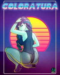 Size: 1200x1500 | Tagged: suggestive, alternate version, artist:joizer, derpibooru import, coloratura, equestria girls, album cover, alternate clothes, alternate hairstyle, arm behind head, ass, bare shoulders, bracelet, breasts, busty coloratura, butt, clothes, coloratur-ass, commission, commissioner:branagain, erect nipples, eyeliner, female, fishnet pantyhose, fishnets, high heels, image, jewelry, jpeg, looking over shoulder, makeup, nipple outline, open mouth, panties, pantyhose, pinup, poster, rearboob, retro, see-through, sexy, shoes, skirt, solo, solo female, squatting, stupid sexy coloratura, sunset, synthwave, underwear