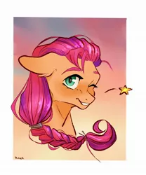 Size: 1800x2160 | Tagged: safe, artist:rover, artist:rrrover, derpibooru import, sunny starscout, g5, bust, cute, digital art, image, jpeg, looking at you, one eye closed, portrait, postcard, smiling, smiling at you, solo, stars, sunnybetes, sunset, wink, winking at you