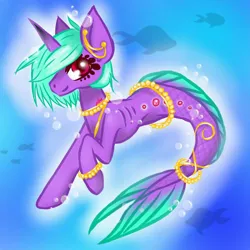Size: 768x768 | Tagged: safe, artist:neisha-art, derpibooru import, oc, unofficial characters only, fish, merpony, pony, seapony (g4), unicorn, bubble, deviantart watermark, dorsal fin, fish tail, flowing tail, green mane, horn, image, jewelry, jpeg, looking at you, necklace, obtrusive watermark, ocean, pearl necklace, red eyes, regalia, seaponified, smiling, solo, species swap, swimming, tail, underwater, water, watermark