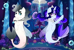 Size: 1280x865 | Tagged: safe, artist:watermeloo3, derpibooru import, oc, unofficial characters only, jellyfish, pegasus, pony, seapony (g4), unicorn, blue eyes, blue mane, bubble, coral, dorsal fin, female, fin wings, fish tail, flowing mane, flowing tail, horn, image, jewelry, jpeg, necklace, ocean, purple eyes, seaponified, seaquestria, seaweed, species swap, tail, throne, throne room, underwater, water, wings