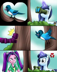 Size: 1280x1614 | Tagged: safe, artist:jerrydestrtoyer, derpibooru import, aria blaze, oc, oc:spiral swirl, bird, pony, unicorn, equestria girls, angry, bird watching, comic, cross-popping veins, glowing horn, horn, image, jpeg, kicking