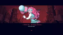 Size: 1920x1080 | Tagged: safe, artist:ried, derpibooru import, pinkie pie, demon, human, balloon, clothes, crossover, demon horns, demon tail, dialogue box, dress, female, gloves, grin, helltaker, horns, humanized, image, jpeg, looking at you, okie doki loki, pony coloring, smiling, solo