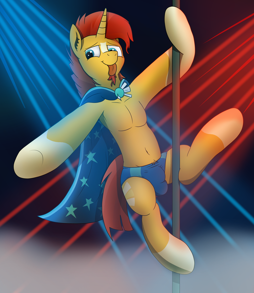 Size: 4328x5000 | Tagged: suggestive, artist:tacomytaco, derpibooru import, sunburst, pony, unicorn, belly button, briefs, cape, clothes, colored lights, crotch bulge, image, laser light, male, male stripper, pecs, png, pole dancing, smoke, solo, solo male, stripper pole, tongue out, underwear