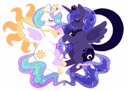 Size: 1200x861 | Tagged: safe, artist:sodabonnie, derpibooru import, princess celestia, princess luna, alicorn, pony, crescent moon, cute, duo, eyes closed, female, horn, horns are touching, image, jpeg, mare, moon, profile, royal sisters, siblings, simple background, sisters, spread wings, sun, white background, wings