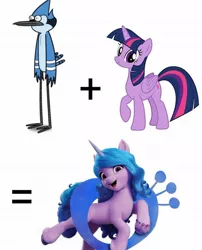 Size: 1022x1263 | Tagged: safe, derpibooru import, izzy moonbow, twilight sparkle, hybrid, g5, crossover, crossover shipping, female, fusion, image, interspecies offspring, jpeg, male, mordecai, mordetwi, offspring, parent:mordecai, parents:mordetwi, parent:twilight sparkle, regular show, shipping, simple background, straight, white background