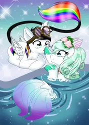 Size: 2059x2912 | Tagged: safe, artist:eternalcherryblossom, derpibooru import, oc, oc:lightning bliss, unofficial characters only, alicorn, pony, seapony (g4), black mane, blue eyes, boop, eyelashes, female, fish tail, flower, flower in hair, flowing tail, glasses, green mane, horn, ice, image, looking at each other, lying down, multicolored hair, open mouth, png, pride flag, smiling, snow, sparkles, tail, water, wings