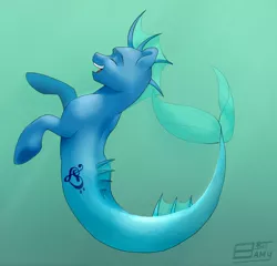 Size: 1280x1230 | Tagged: safe, artist:jusankikanxiii, derpibooru import, oc, unofficial characters only, hippocampus, hybrid, merpony, seapony (g4), dorsal fin, eyes closed, fish tail, flowing tail, image, jpeg, logo, looking up, ocean, open mouth, open smile, smiling, solo, swimming, tail, teeth, underwater, water