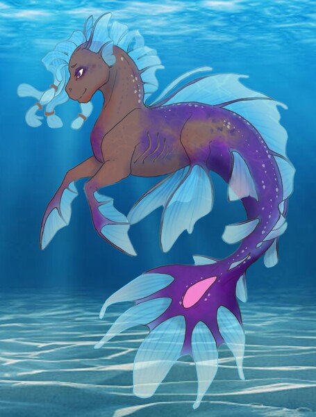 Size: 970x1280 | Tagged: safe, artist:cookiekate3, derpibooru import, oc, unofficial characters only, hybrid, merpony, seapony (g4), blue mane, colored pupils, crepuscular rays, dorsal fin, fins, fish tail, flowing mane, flowing tail, gills, image, jpeg, ocean, purple eyes, smiling, solo, sunlight, swimming, tail, underwater, water