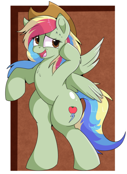 Size: 1920x2629 | Tagged: safe, artist:rainbowtashie, author:bigonionbean, derpibooru import, applejack, rainbow dash, oc, oc:zap-apple jam, earth pony, pegasus, pony, background, commissioner:bigonionbean, cowboy hat, cutie mark, female, fusion, fusion:zap-apple jam, hat, image, mare, png, stetson