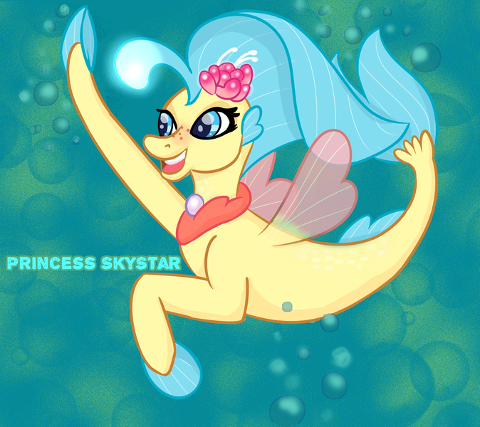 Size: 1668x1484 | Tagged: safe, artist:kiss-cute, derpibooru import, princess skystar, seapony (g4), my little pony: the movie, bioluminescent, blue background, blue eyes, blue mane, bubble, dorsal fin, eyelashes, female, fins, fin wings, fish tail, flower, flower in hair, flowing tail, freckles, glow, happy, high five, image, jewelry, necklace, open mouth, open smile, pearl, pearl necklace, png, simple background, smiling, solo, swimming, tail, teeth, underwater, wings