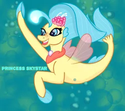 Size: 1668x1484 | Tagged: safe, artist:kiss-cute, derpibooru import, princess skystar, seapony (g4), my little pony: the movie, bioluminescent, blue background, blue eyes, blue mane, bubble, dorsal fin, eyelashes, female, fins, fin wings, fish tail, flower, flower in hair, flowing tail, freckles, glow, happy, high five, image, jewelry, necklace, open mouth, open smile, pearl, pearl necklace, png, simple background, smiling, solo, swimming, tail, teeth, underwater, wings
