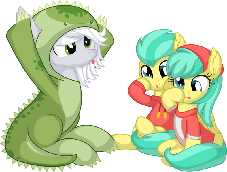 Size: 8189x6236 | Tagged: safe, artist:cyanlightning, derpibooru import, barley barrel, pickle barrel, oc, oc:fossil fluster, pony, .svg available, clothes, colt, costume, derp, female, filly, foalsitting, folded wings, hoodie, image, male, mare, png, sitting, tongue out, vector, wings