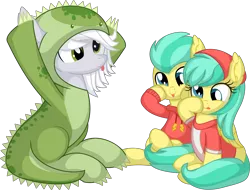 Size: 8189x6236 | Tagged: safe, artist:cyanlightning, derpibooru import, barley barrel, pickle barrel, oc, oc:fossil fluster, pony, .svg available, clothes, colt, costume, derp, female, filly, foalsitting, folded wings, hoodie, image, male, mare, png, sitting, tongue out, vector, wings