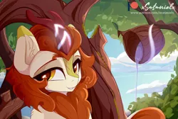 Size: 1280x858 | Tagged: safe, artist:xsatanielx, derpibooru import, autumn blaze, kirin, image, jpeg, looking at you, magic, patreon, patreon logo, scenery, smiling, solo