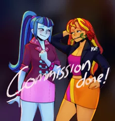 Size: 3000x3169 | Tagged: safe, artist:afyillustration, derpibooru import, sonata dusk, sunset shimmer, siren, equestria girls, blushing, breasts, cleavage, clothes, commission, female, flower, flower in mouth, image, jacket, leather jacket, lesbian, mouth hold, obtrusive watermark, png, ponytail, rose, shipping, skirt, sunata, watermark